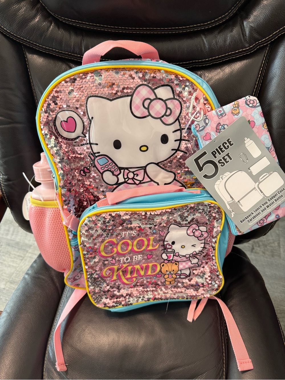 Hello Kitty Pink Sequin Kids Backpack Set with Blue and Yellow Trim